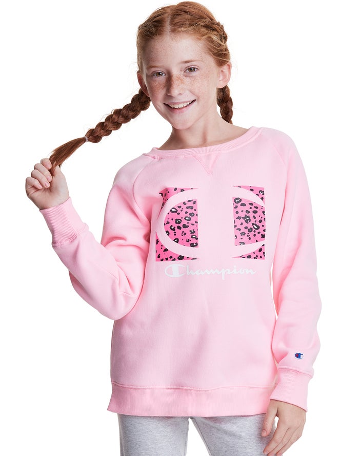 Champion Hoodie Meisjes - Roze - Fleece Raglan Crew Leopard Knockout Logo ( 423685-VYA )